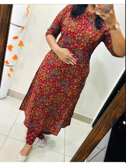 Traditional Maroon Printed Straight Co Ord Set