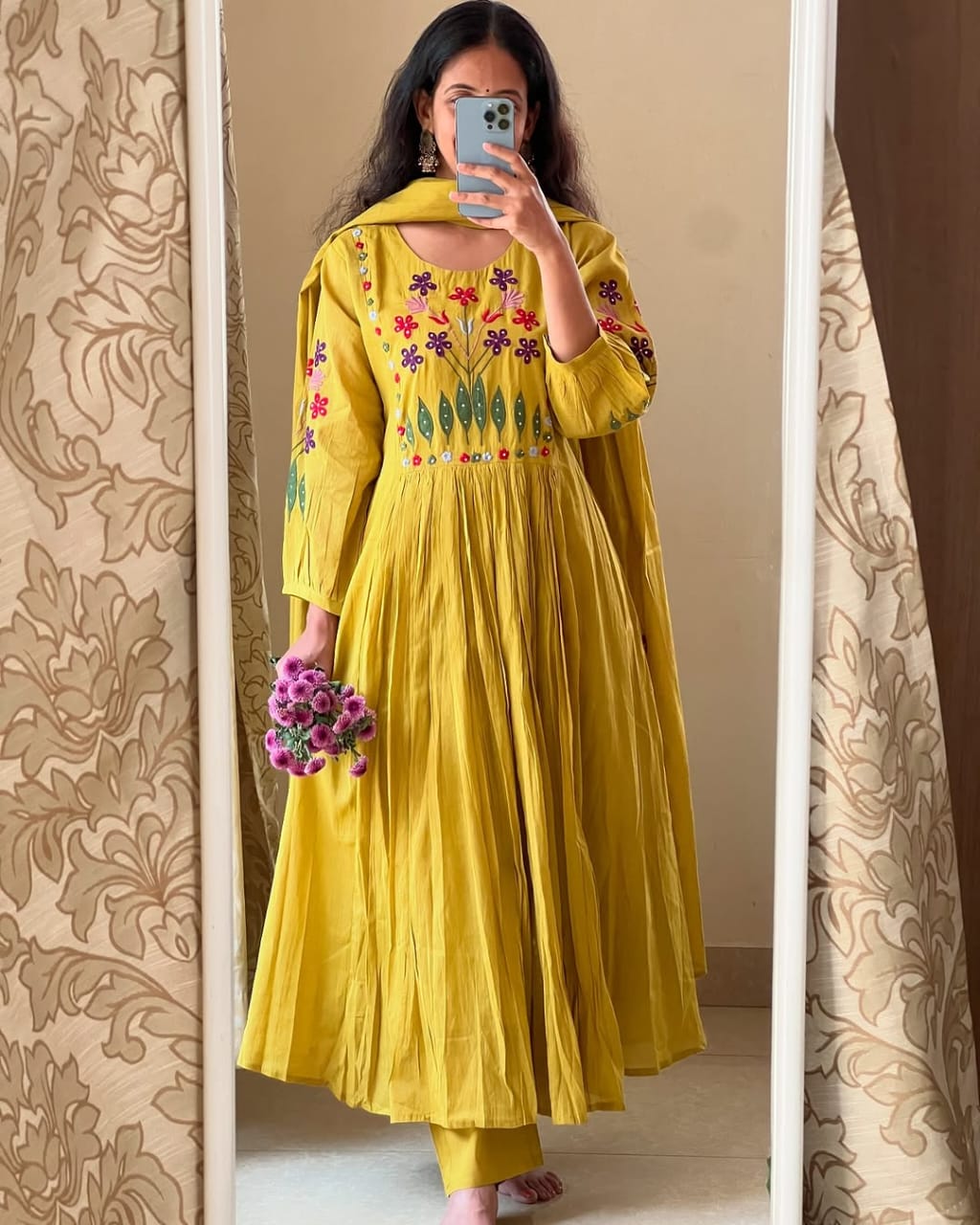 Vibrant Yellow Anarkali With Floral Embroidery