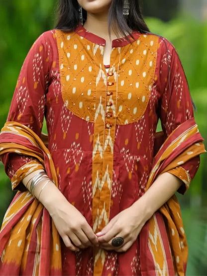 Elegant Maroon & Rust Ikat Print Anarkali Suit Set