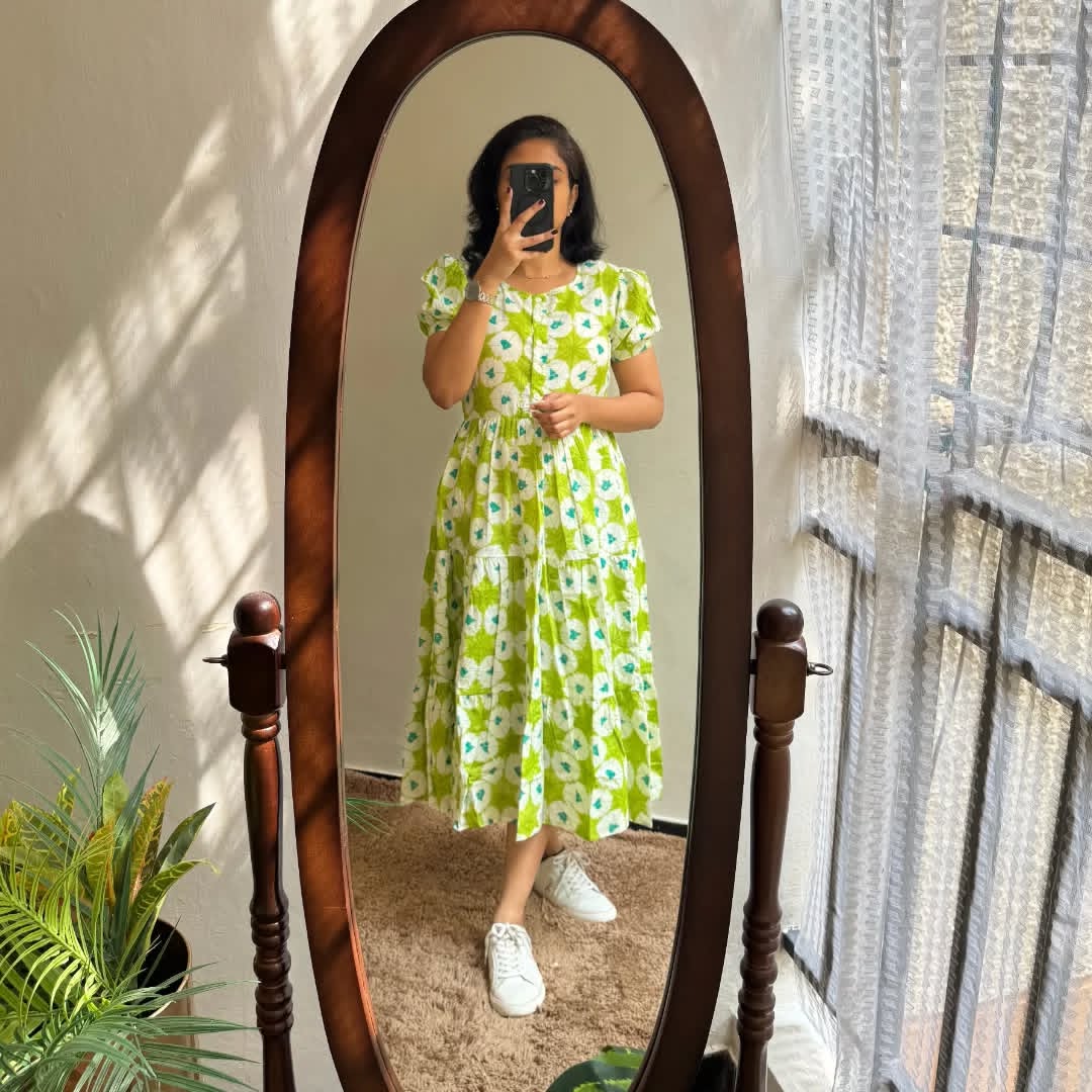 Fresh Lime Green Floral Puff-Sleeve Midi Dress