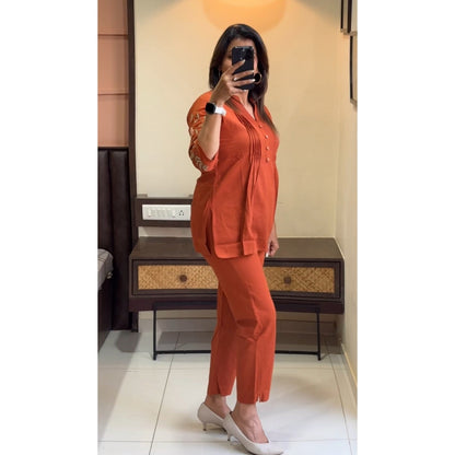 Elegant Rust Orange Embroidered Cotton Co-Ord Set