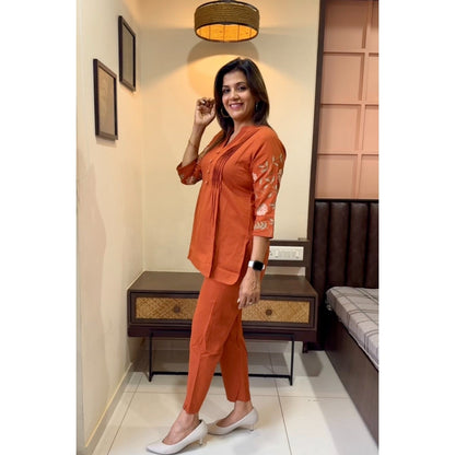 Elegant Rust Orange Embroidered Cotton Co-Ord Set