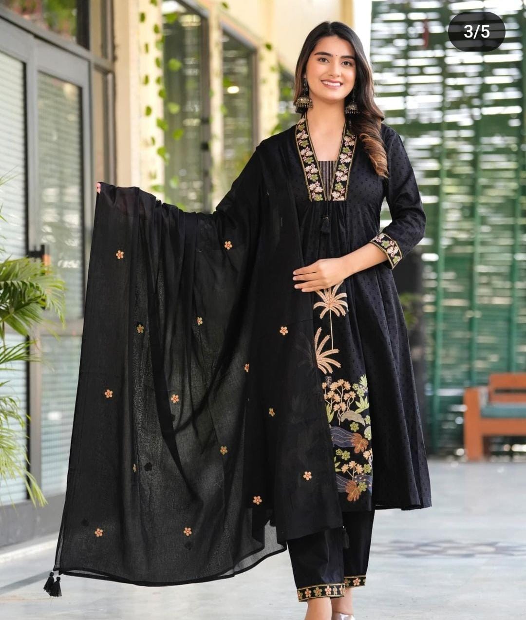 Libas Women Black Nri Embroidery Cotton Kurta Pant And Dupatta Set