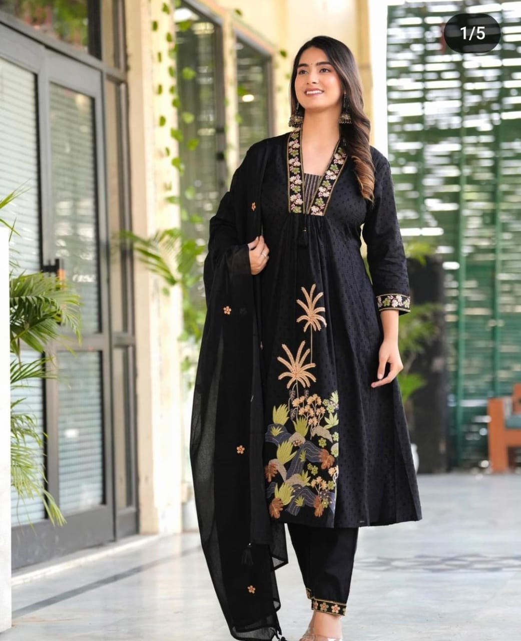 Libas Women Black Nri Embroidery Cotton Kurta Pant And Dupatta Set