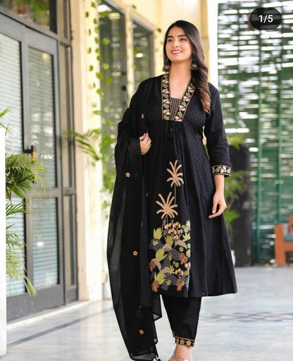 Libas Women Black Nri Embroidery Cotton Kurta Pant And Dupatta Set