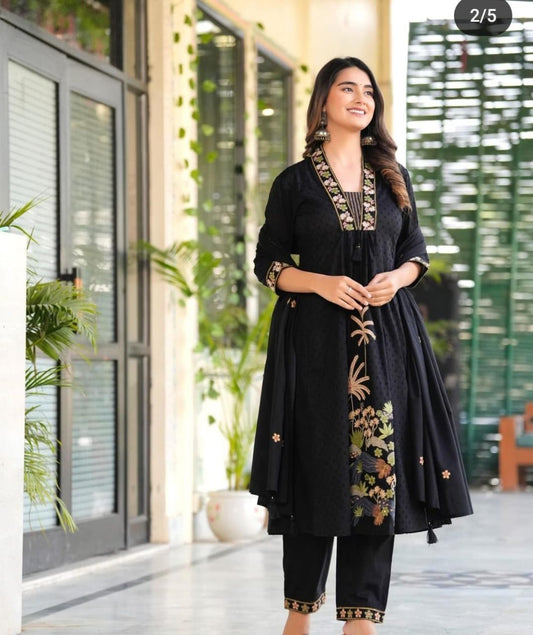 Libas Women Black Nri Embroidery Cotton Kurta Pant And Dupatta Set