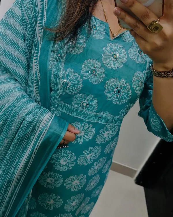 Turquoise Cotton Suit Set With Floral Prints