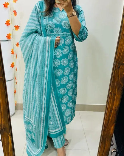 Turquoise Cotton Suit Set With Floral Prints