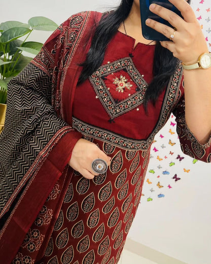 Libas Elegant Maroon Block Print Cotton Suit Set