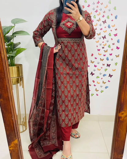 Libas Elegant Maroon Block Print Cotton Suit Set
