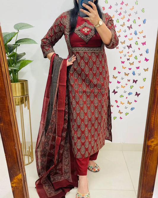 Libas Elegant Maroon Block Print Cotton Suit Set