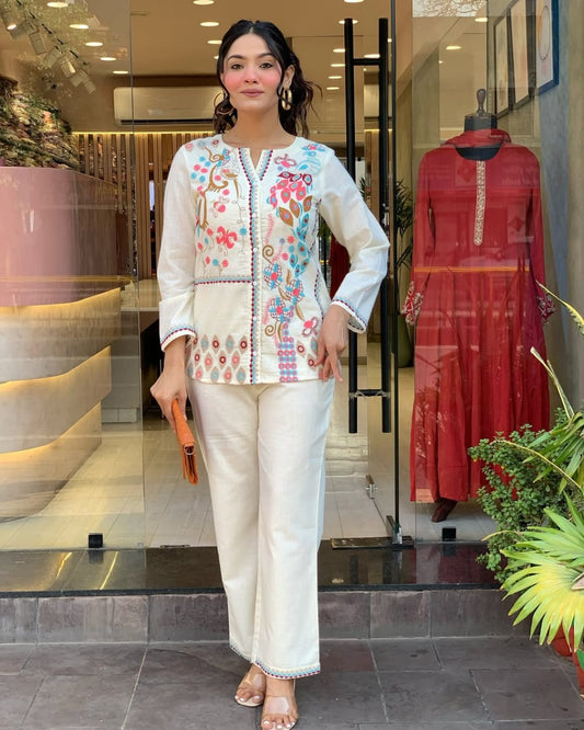 Libas Kurta Unique Floral Embroidered Cotton White Co-Ord Set For Women