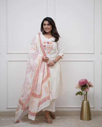 White Embroidered Aline Kurta Bottom Set With Dupatta