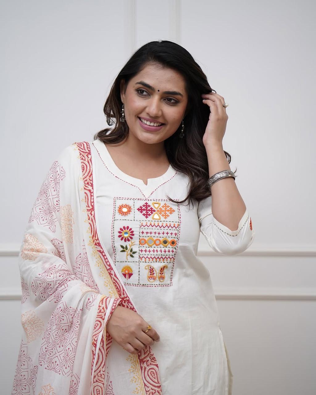 White Embroidered Aline Kurta Bottom Set With Dupatta