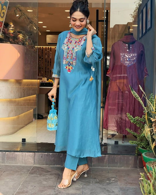 Libas Kurta Teal Blue Embroidered Kurta Set