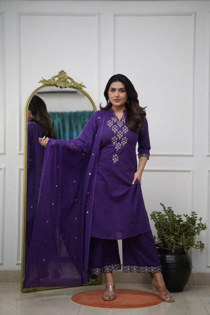 Aline Kurta Set With Cotton Plazzo & Malmal Dupatta With  Embroidery Work