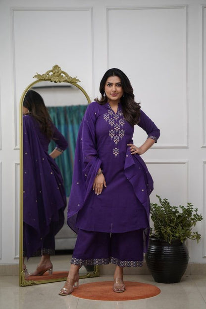 Aline Kurta Set With Cotton Plazzo & Malmal Dupatta With  Embroidery Work