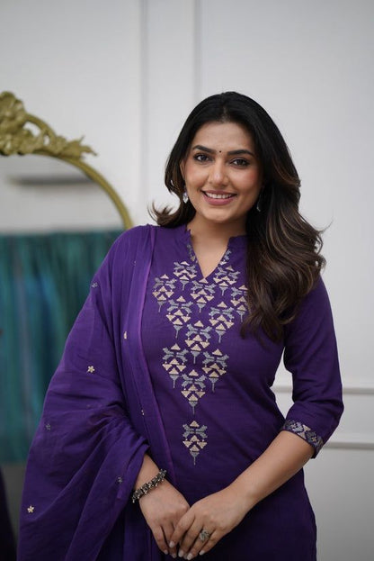 Aline Kurta Set With Cotton Plazzo & Malmal Dupatta With  Embroidery Work