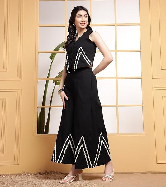 Libas Kurta Women Indo Western Waist Coat With White Zigzag Lace Trousers Co-Ords Set