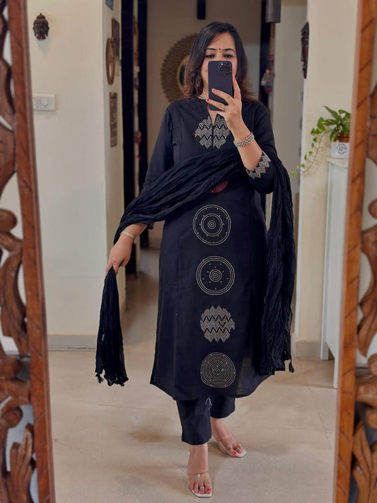Libas Kurta Black color cotton embroidered suit set