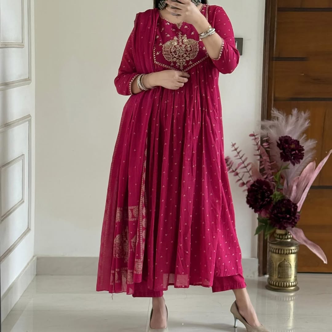 Beautiful  Cotton Suit With Embroidery Work Anarkali Kurta Dupatta  Set In New Colour