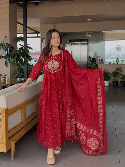 Beautiful  Cotton Suit With Embroidery Work Anarkali Kurta Dupatta  Set In New Colour