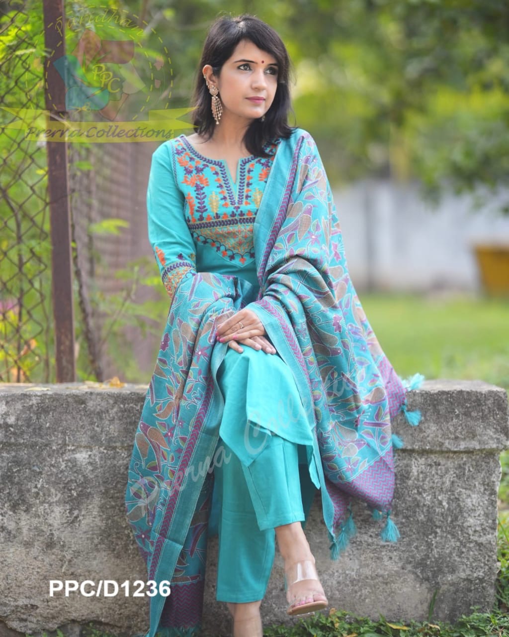Sky Blue Embroidered Cotton Flex Kurta and Pant Set with Dupatta