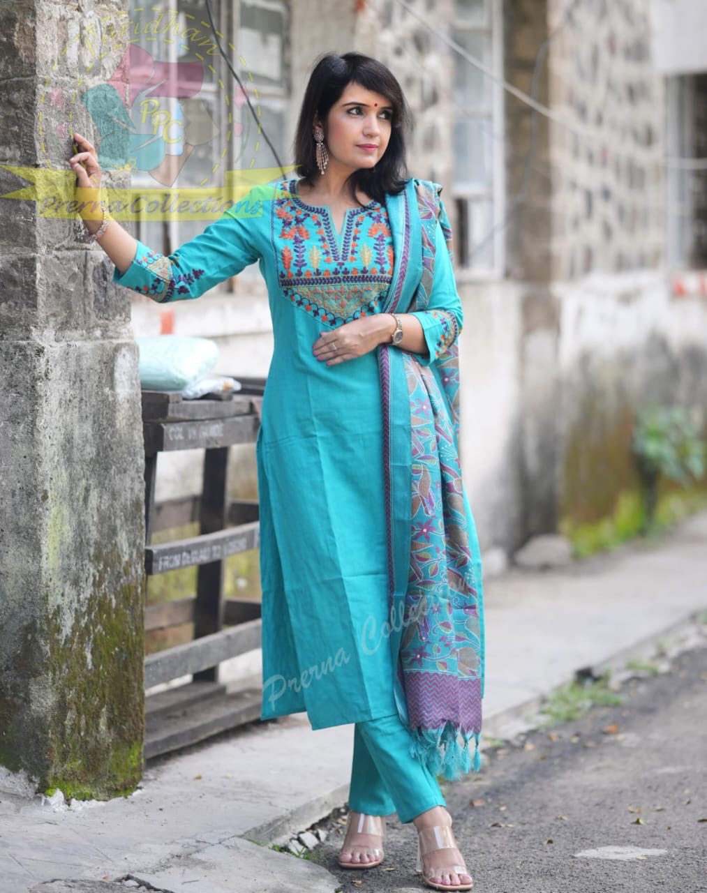 Sky Blue Embroidered Cotton Flex Kurta and Pant Set with Dupatta
