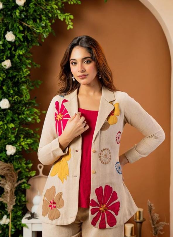 Pure Cotton Jute Applique Work Blazer Style Co-Ord Set In Beige