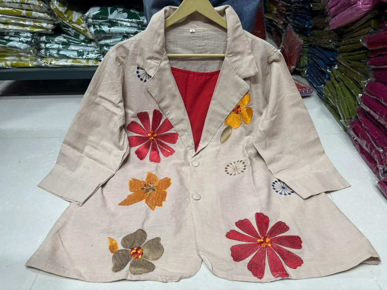 Pure Cotton Jute Applique Work Blazer Style Co-Ord Set In Beige