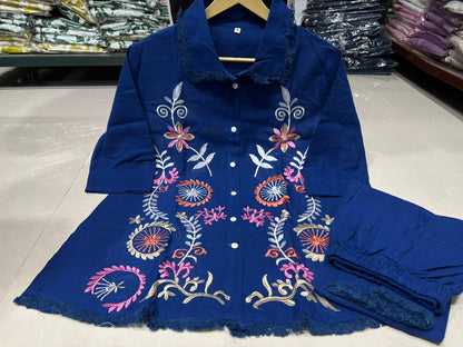 Stylist Cotton Flax Embroidery Work Co Ord Set