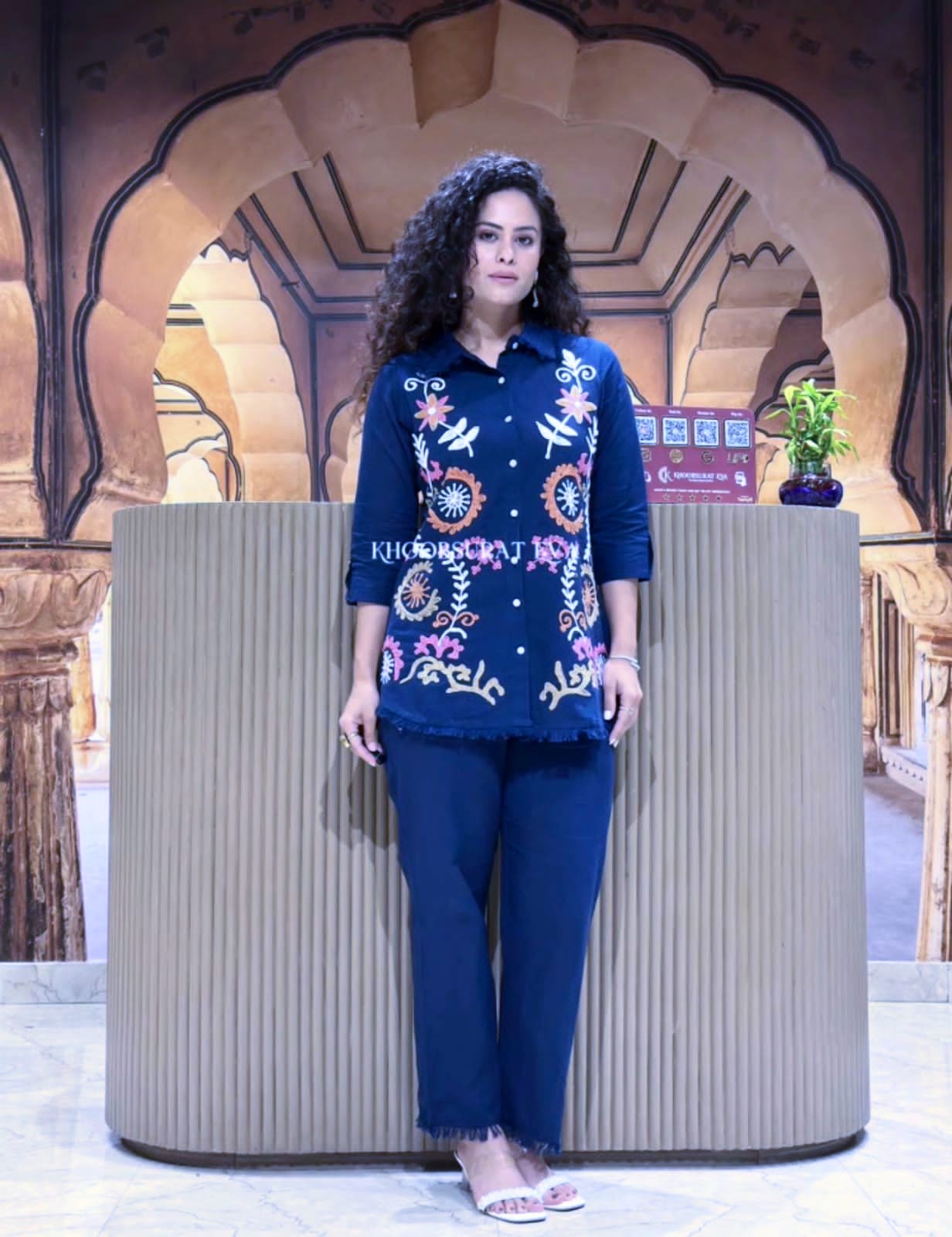 Stylist Cotton Flax Embroidery Work Co Ord Set