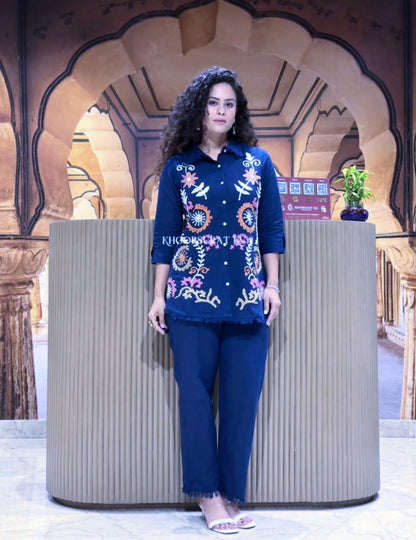 Stylist Cotton Flax Embroidery Work Co Ord Set