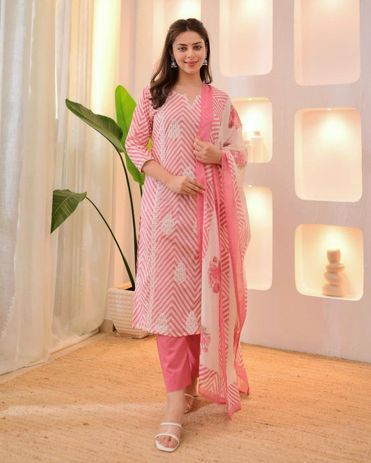 Ethnic Printed Pure Cotton Notch Neck Straight Kurta With Trousers & Dupatta