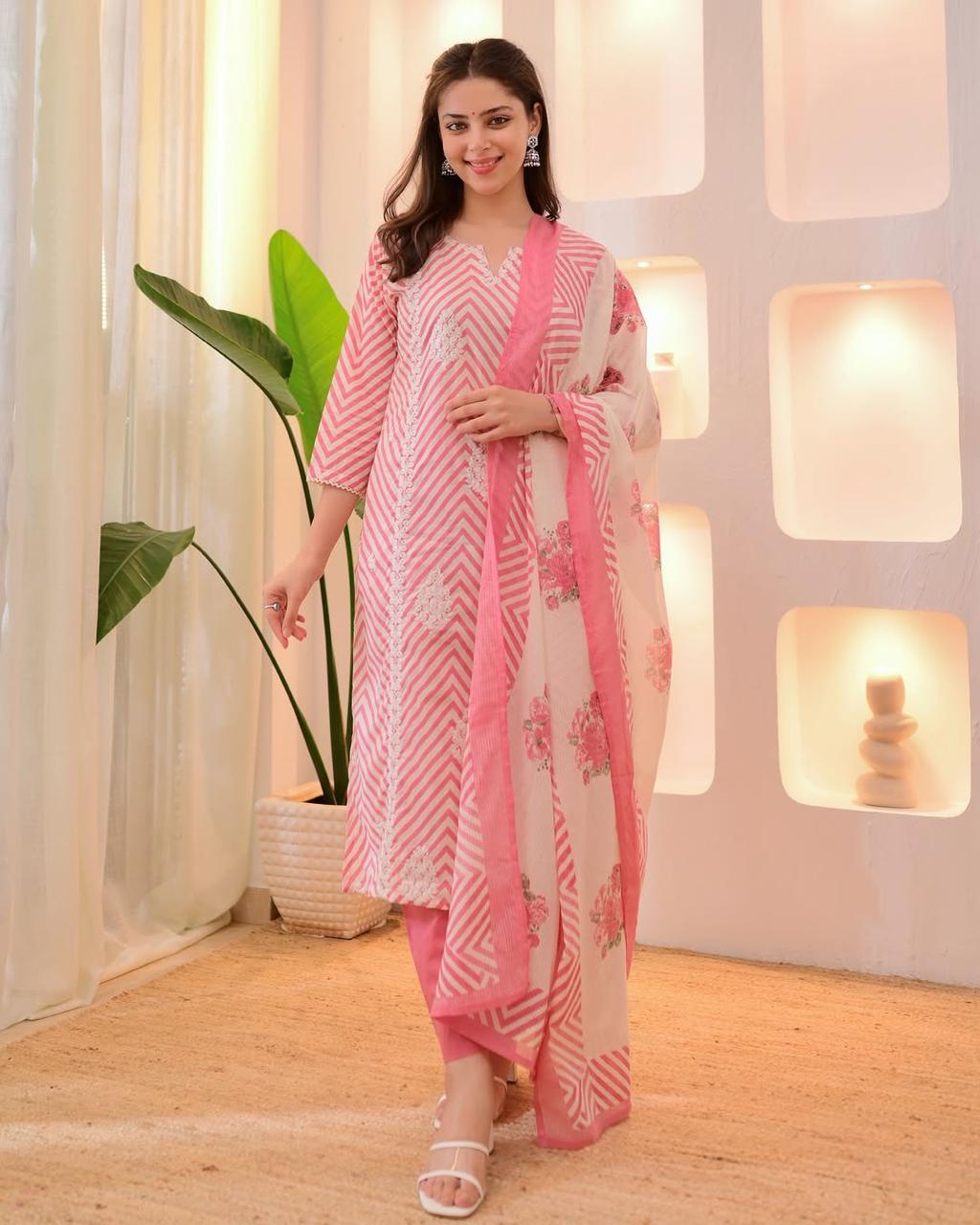 Ethnic Printed Pure Cotton Notch Neck Straight Kurta With Trousers & Dupatta