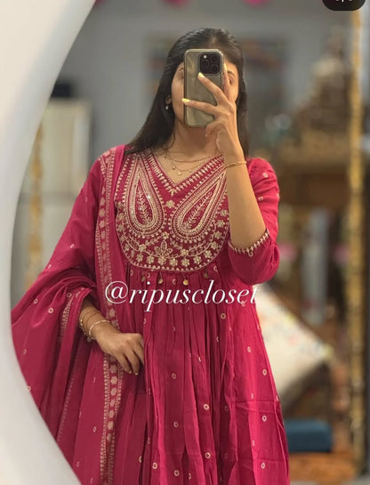 Stylish Cotton Embroidery Work Anarkali Kurti Set