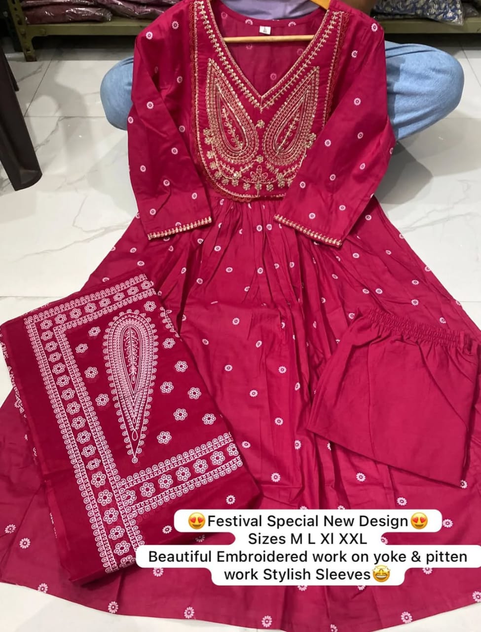 Stylish Cotton Embroidery Work Anarkali Kurti Set