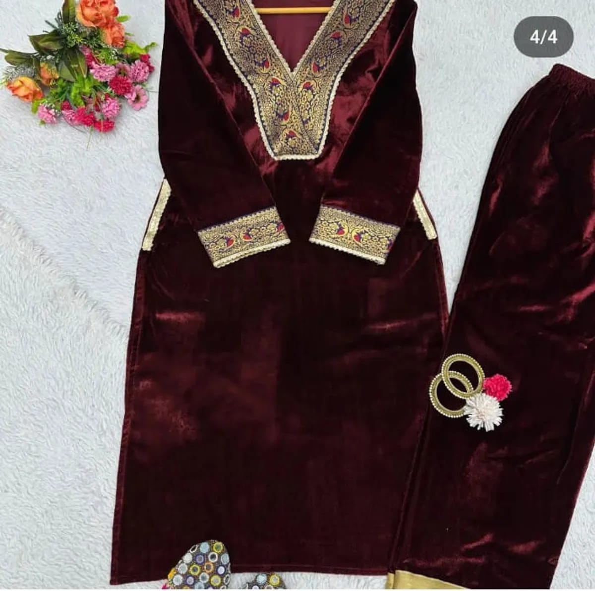 Maroon Velvet Embroidery Kurti Pant Sets
