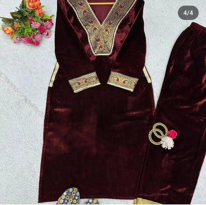 Maroon Velvet Embroidery Kurti Pant Sets