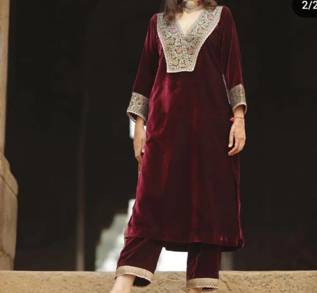Maroon Velvet Embroidery Kurti Pant Sets