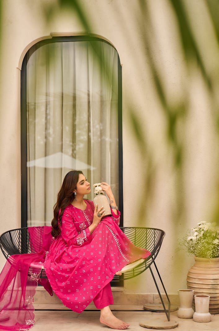 Rust Orange Bandhani Mul Cotton A Line Handwork Suit