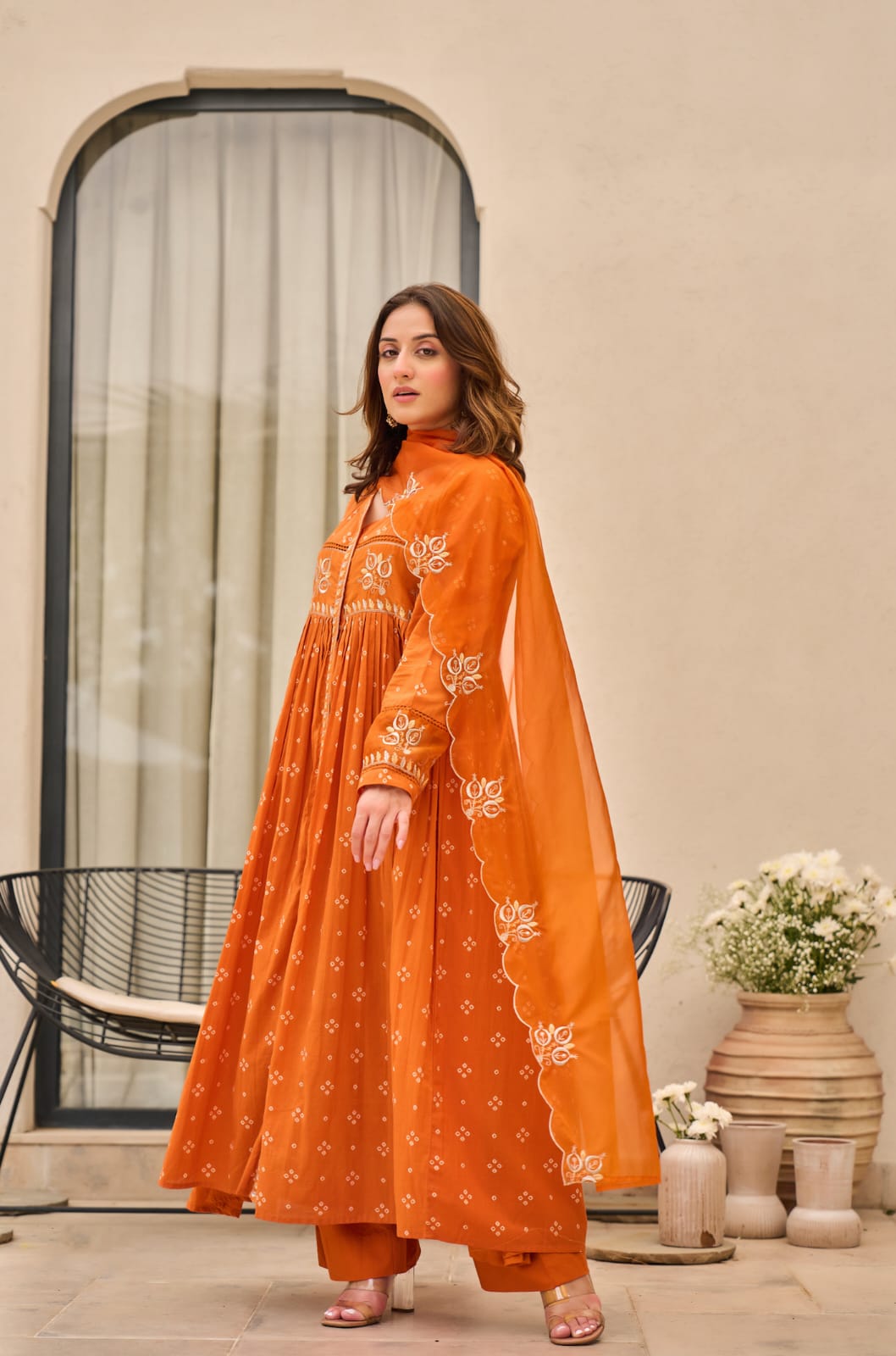 Rust Orange Bandhani Mul Cotton A Line Handwork Suit