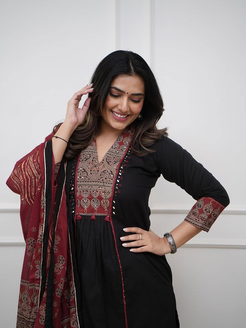 Black Ethnic Kurta Set with Elegant Printed Dupatta