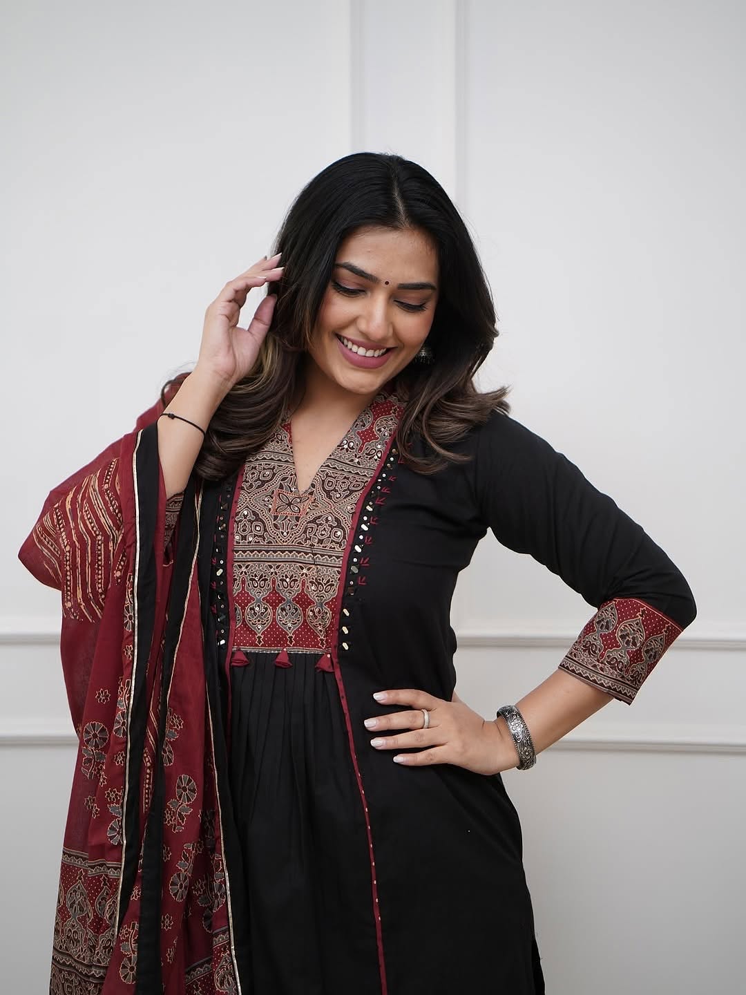Black Ethnic Kurta Set with Elegant Printed Dupatta