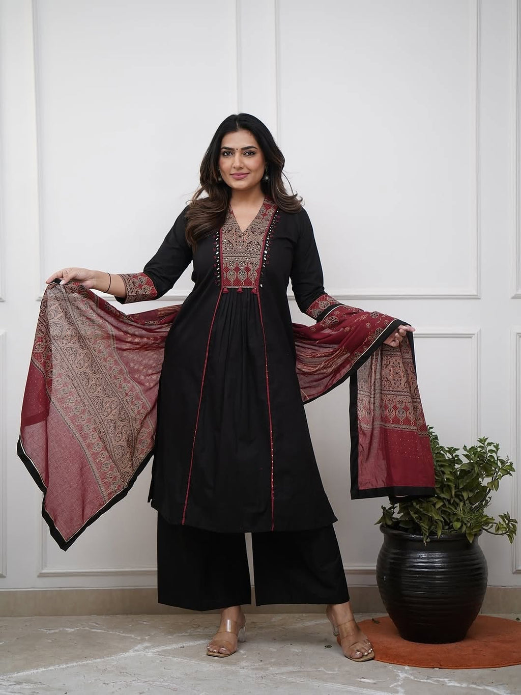Black Ethnic Kurta Set with Elegant Printed Dupatta
