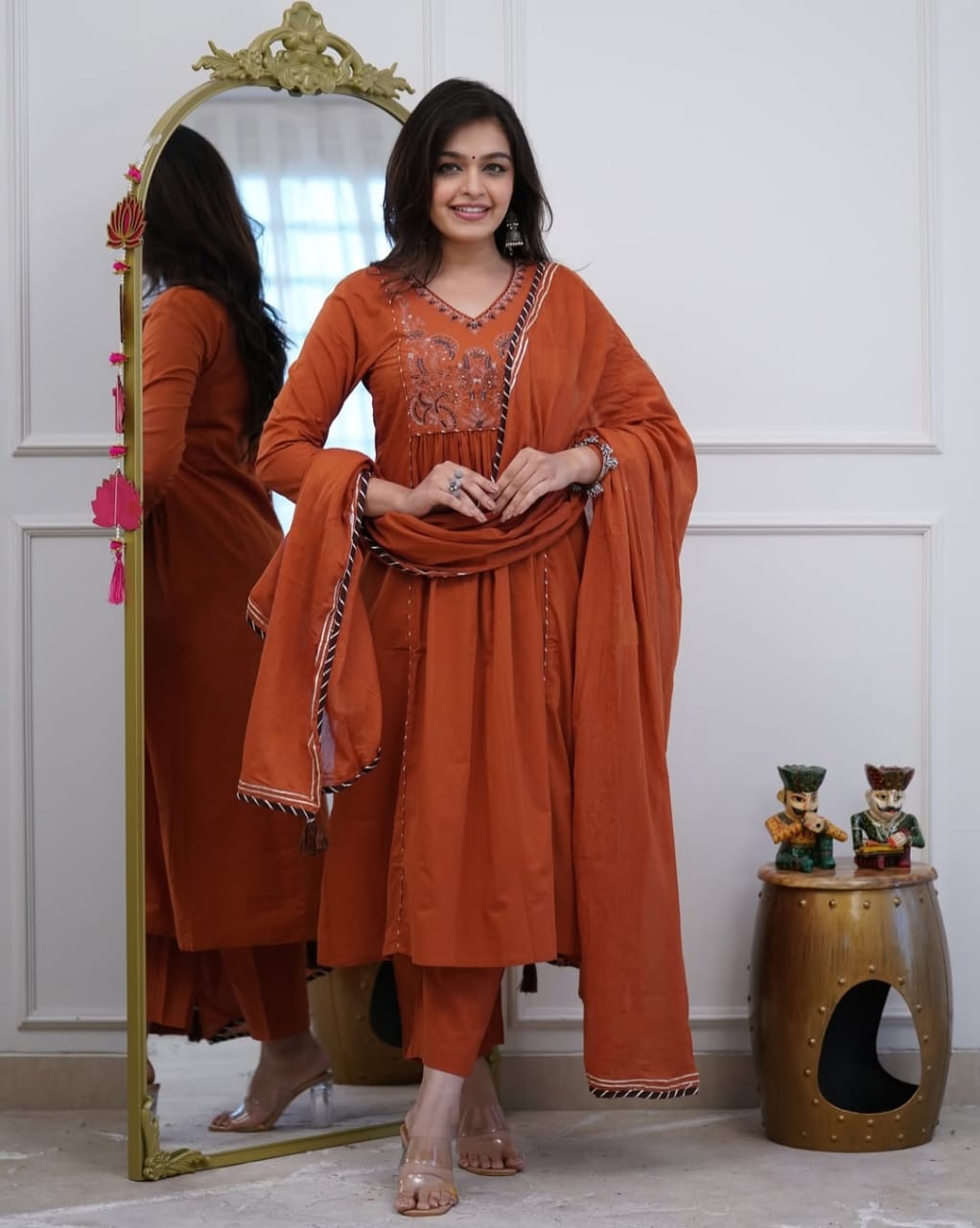 Rust Orange Embroidered Kurta Set with Matching Dupatta