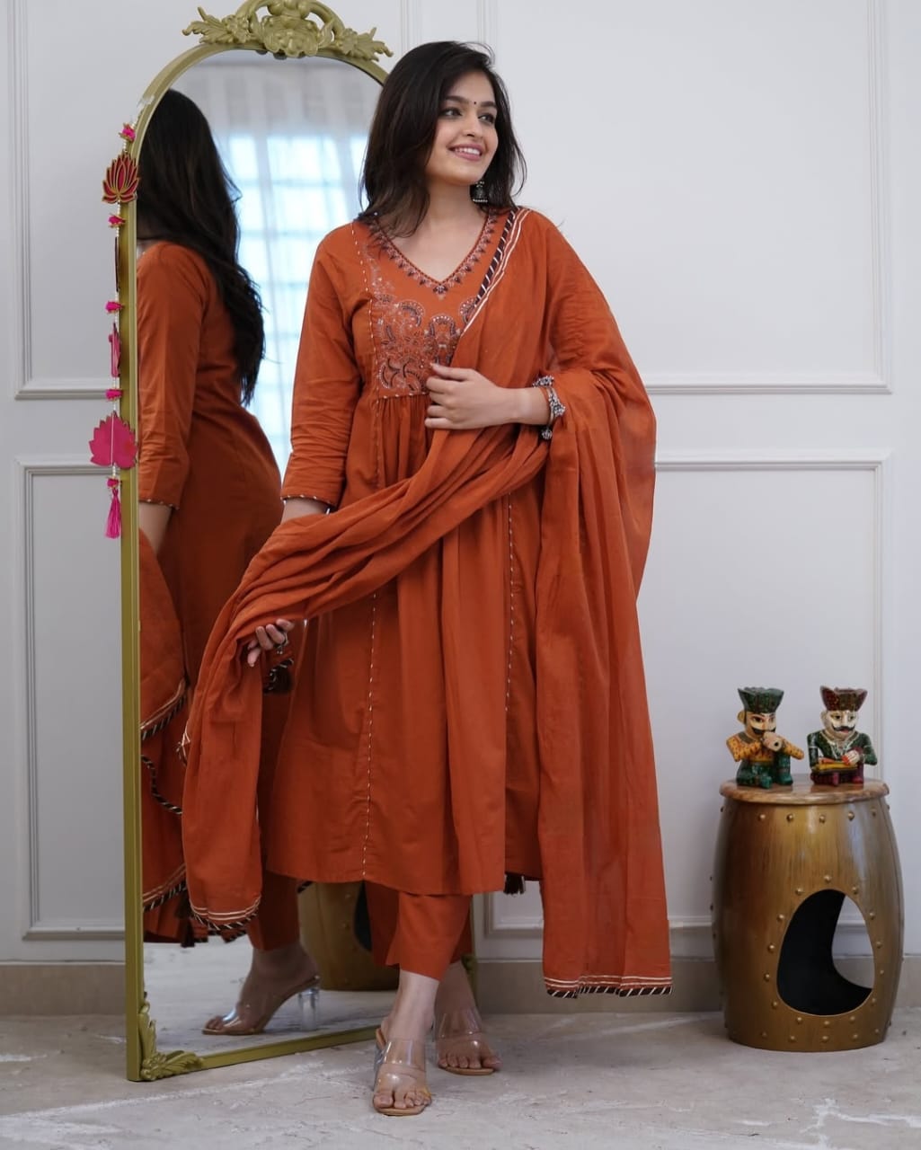 Rust Orange Embroidered Kurta Set with Matching Dupatta