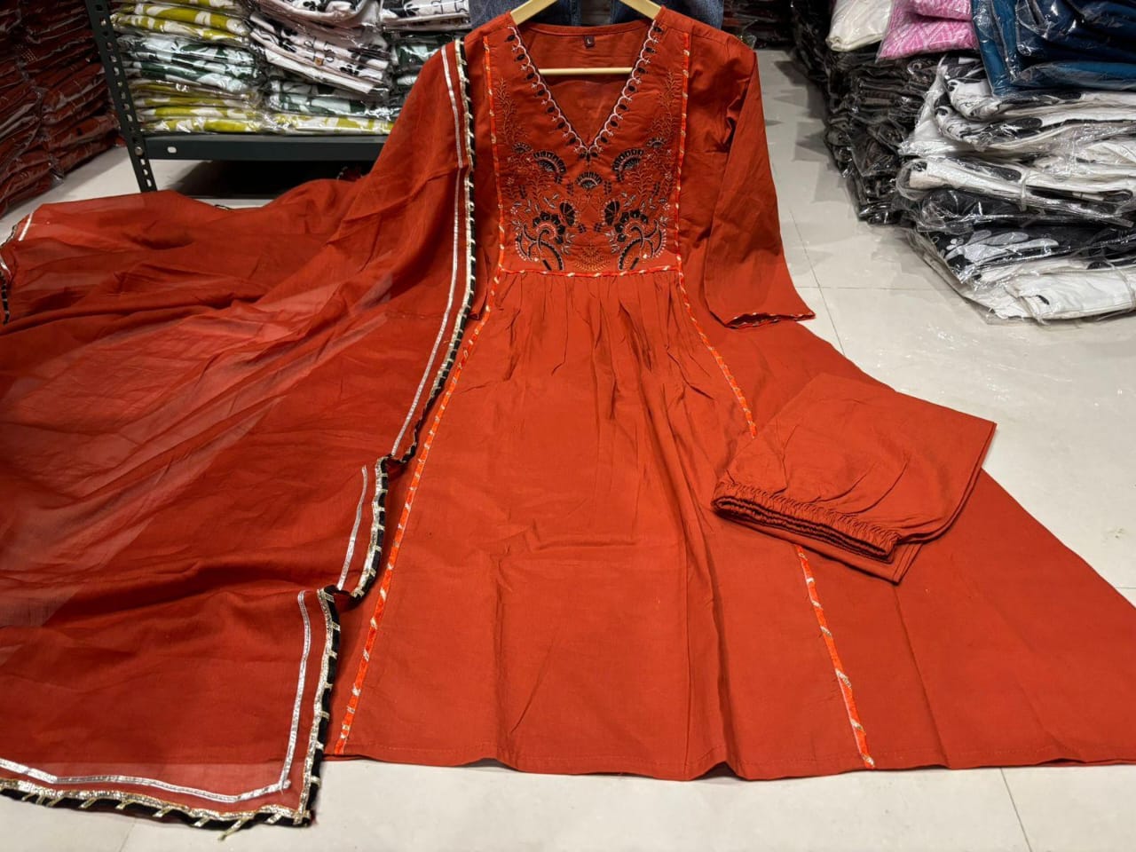 Rust Orange Embroidered Kurta Set with Matching Dupatta