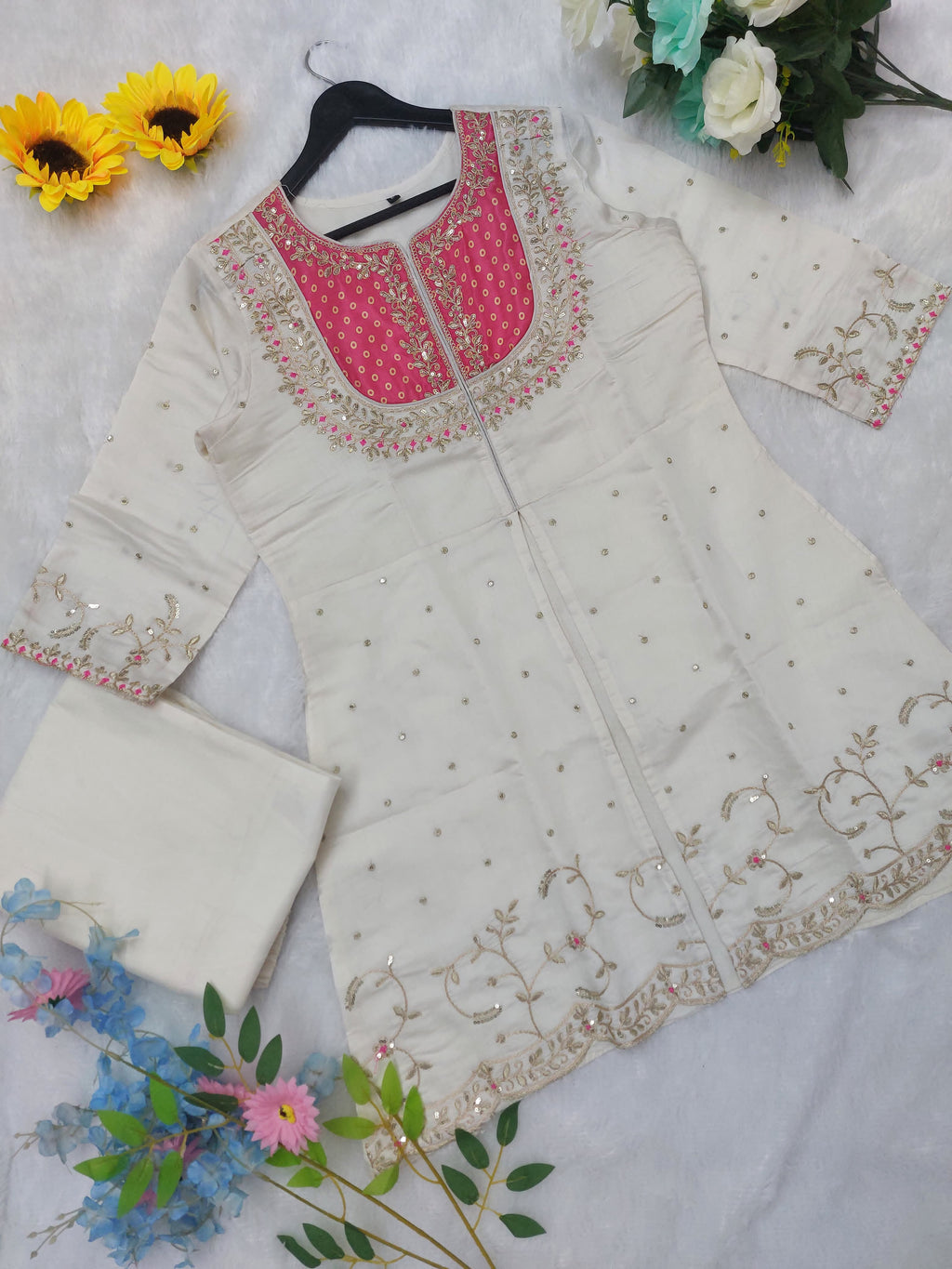 Elegant Ivory & Pink Embroidered Kurta Set with Palazzo Pants