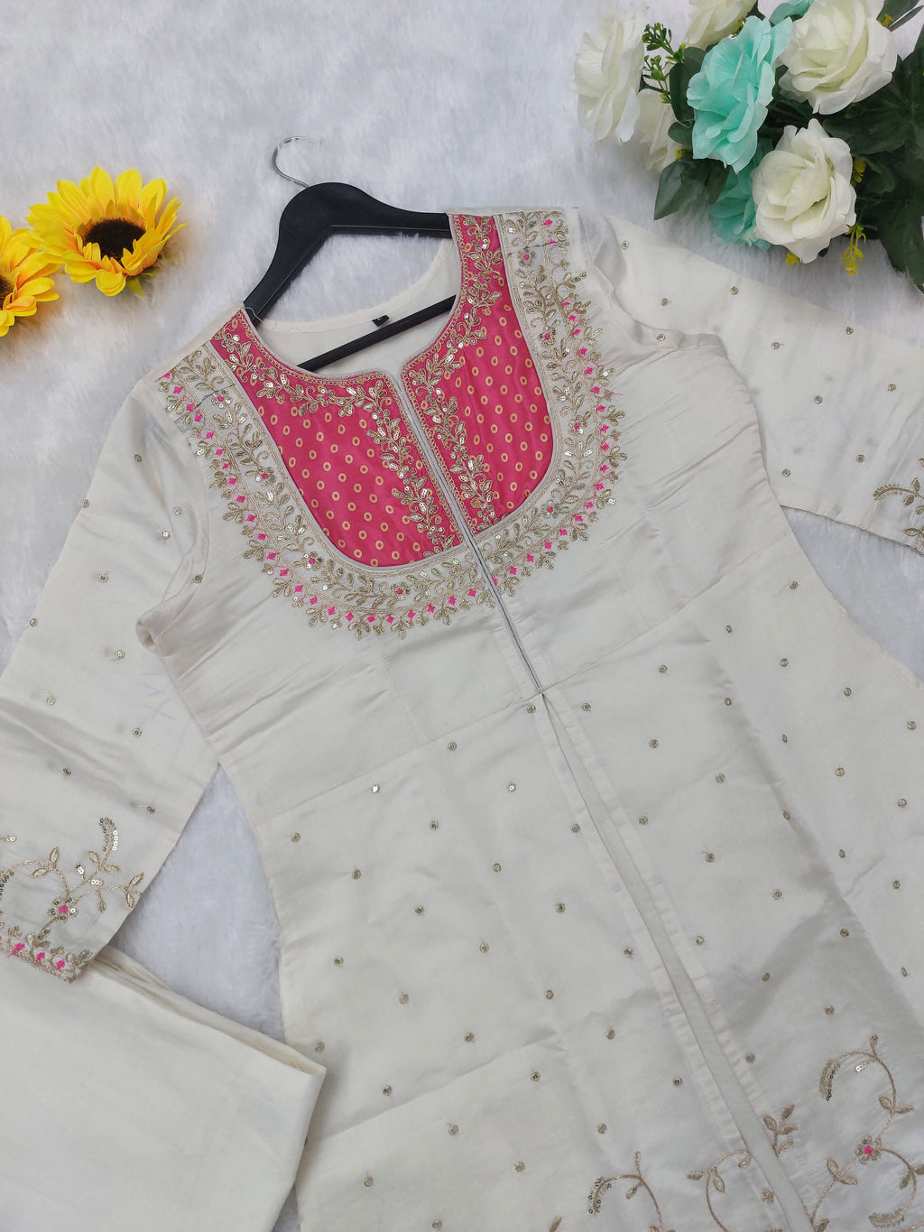 Elegant Ivory & Pink Embroidered Kurta Set with Palazzo Pants